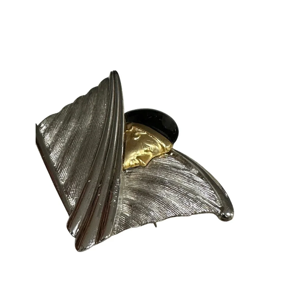 Art Deco Style Lady Brooch Pin Two Tone Mixed Metal Enamel Brooch Unsigned